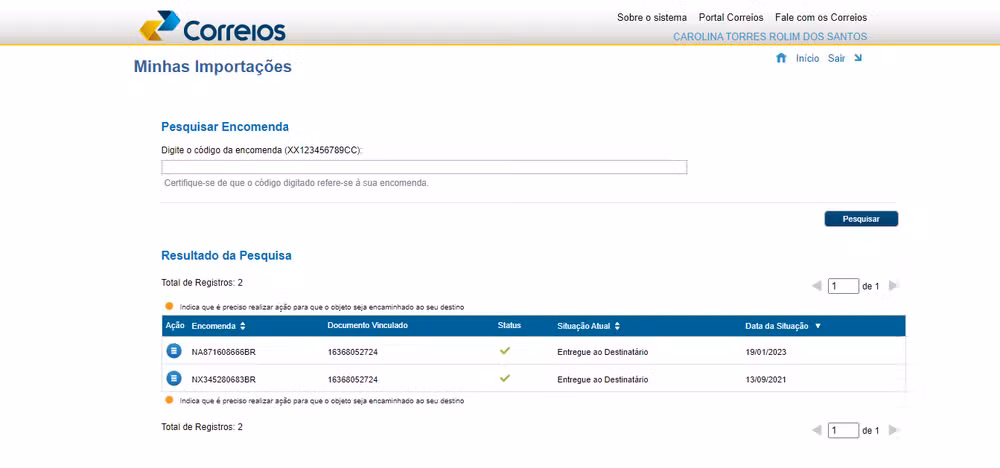 minhas importacoes correios